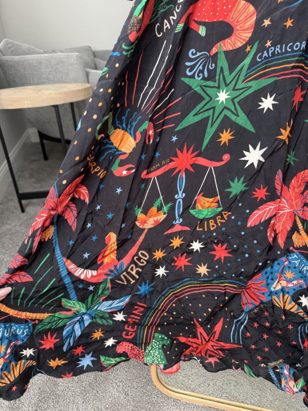 FARM Rio Zodiac Print Maxi Dress Black Red Balloon Sleeve size M - Picture 6 of 10